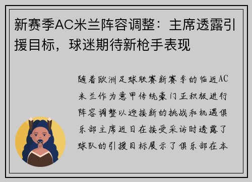 新赛季AC米兰阵容调整：主席透露引援目标，球迷期待新枪手表现