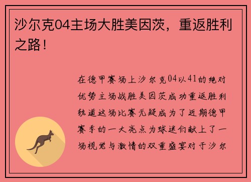 沙尔克04主场大胜美因茨，重返胜利之路！