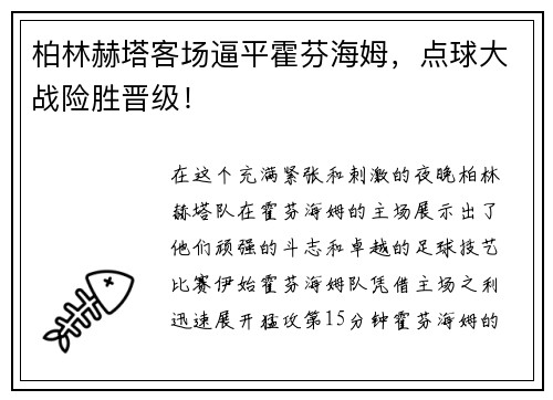 柏林赫塔客场逼平霍芬海姆，点球大战险胜晋级！